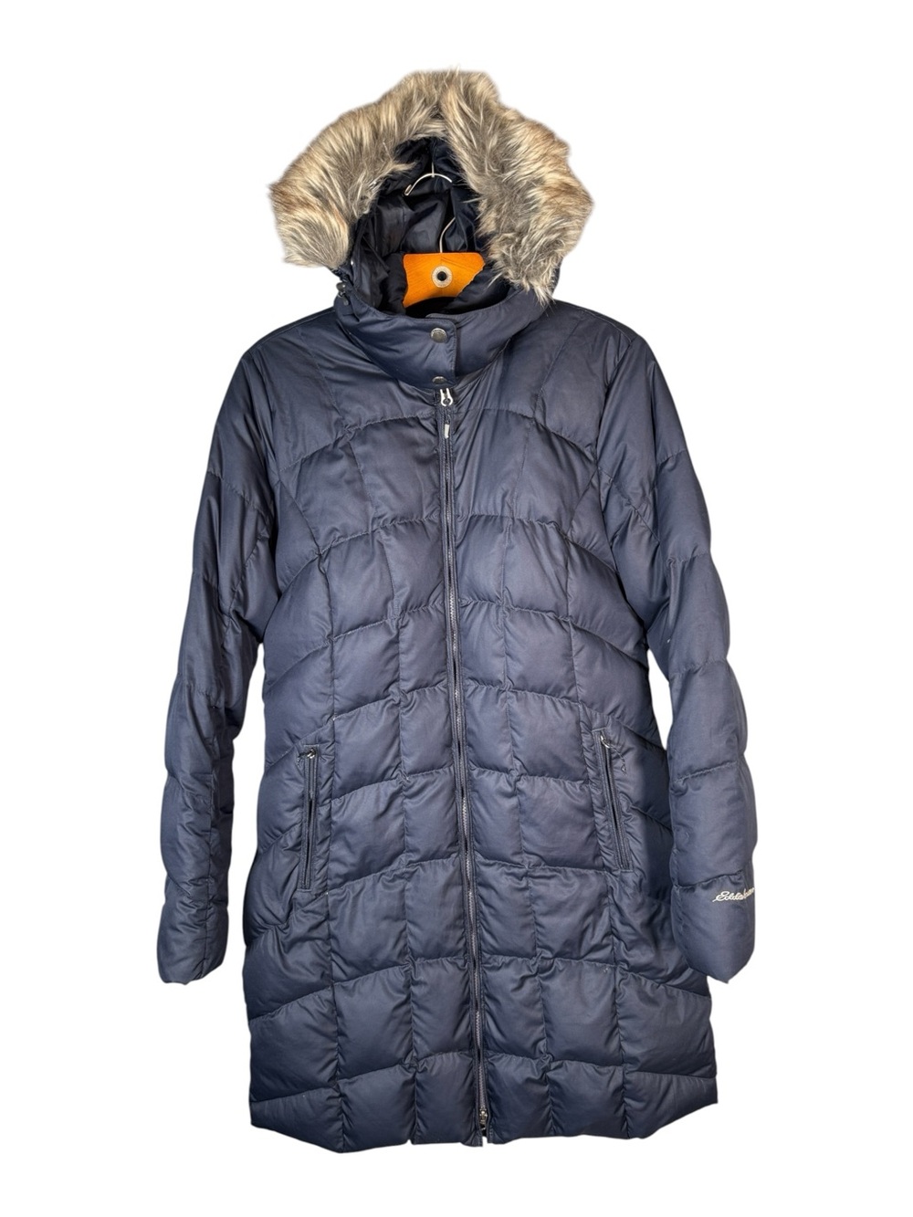 Eddie Bauer Wonne's Navy Blue Down Puffer Hooded Puffer 650 Fill Power Long M